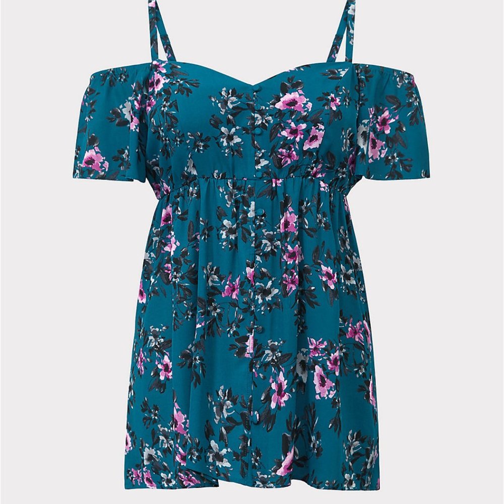 Green Floral Georgette Cold Shoulder Babydoll Top